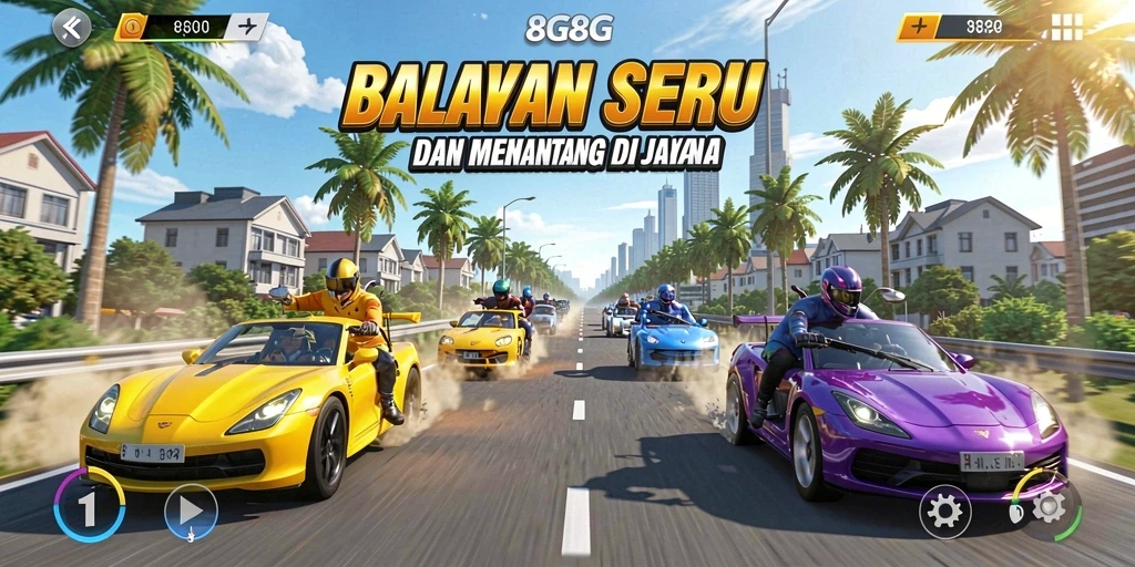 Screenshot 8G8G menampilkan aksi balapan mendebarkan di jalanan.