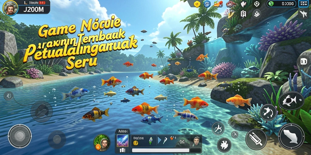 Tampilan gameplay J200M dengan aktivitas memancing yang seru.