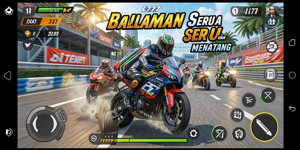 Screenshot L777 menampilkan aksi balapan motor yang seru di trek menantang.