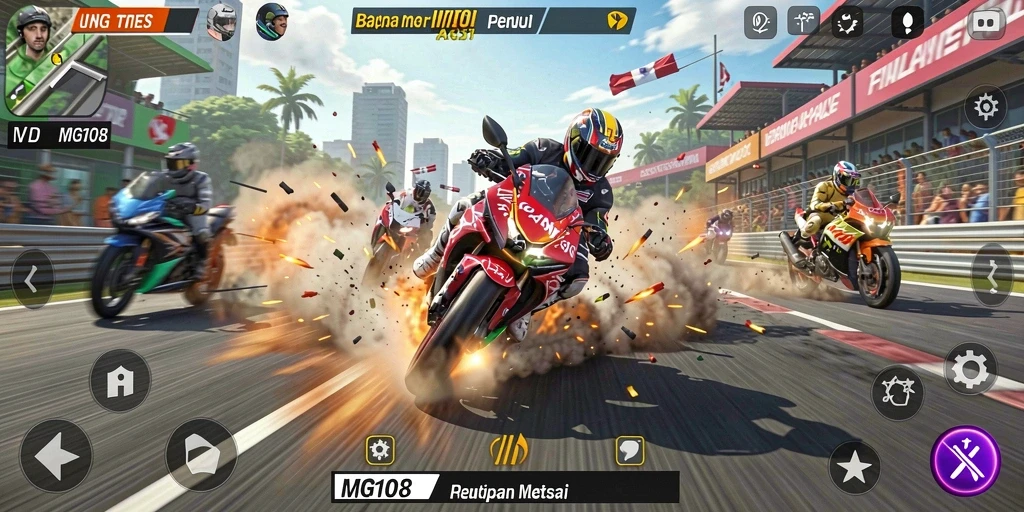 Gameplay MG108 menghadirkan balapan motor yang menegangkan dan seru.