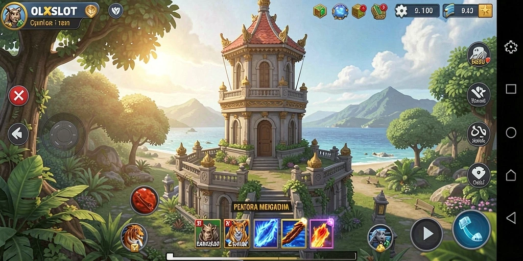 Tangkapan layar dari gameplay <strong>OLXSLOT</strong> menampilkan berbagai menara dalam aksi melawan musuh.