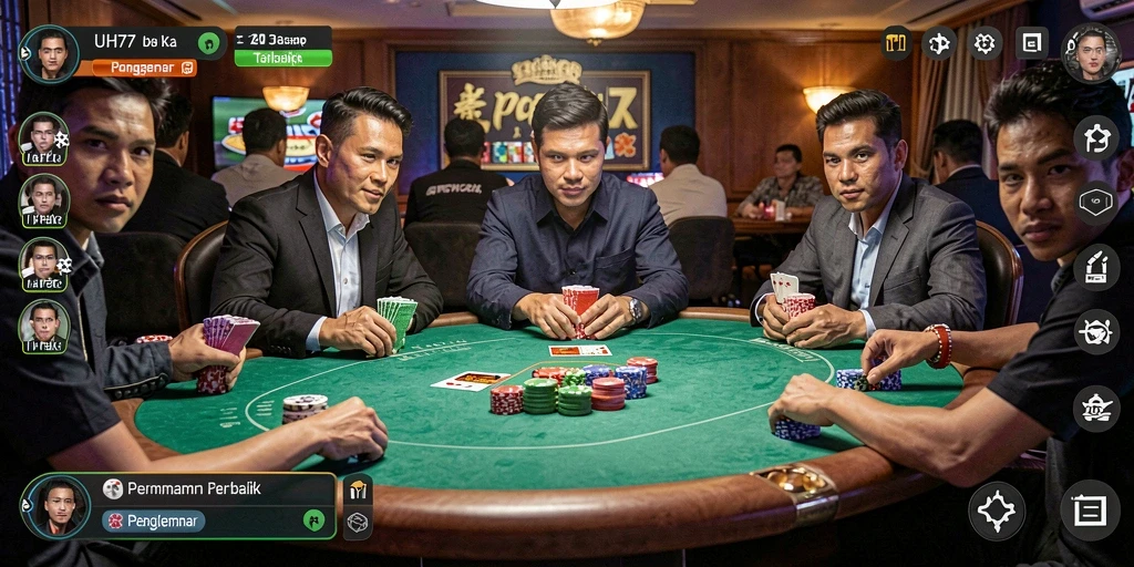 Screenshot utama UH77 menampilkan gameplay poker yang seru dan kompetitif.